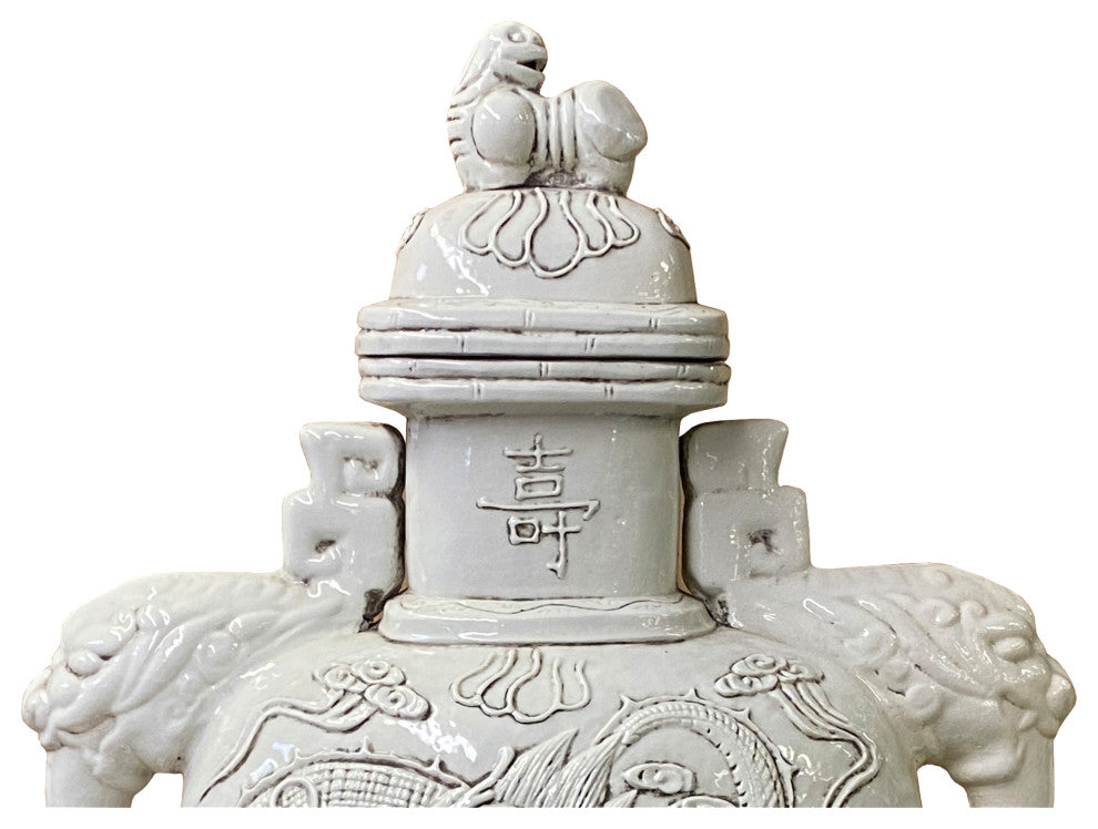 Chinese Ceramic Off White Color Dragon Elephant Ear Large Jar Hws1371