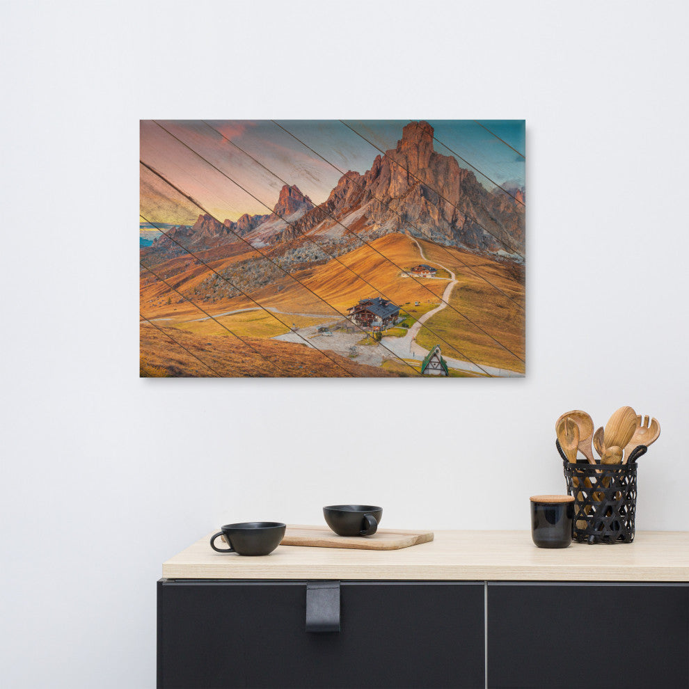 Faux Wood Majestic Sunset and Alpine Mountain Pass Canvas Prints, 24" X 36"