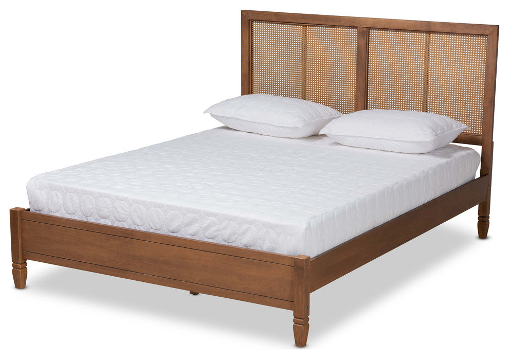 Redmond Mid-Century Brown Finished Wood Synthetic Rattan King Size Platform Bed