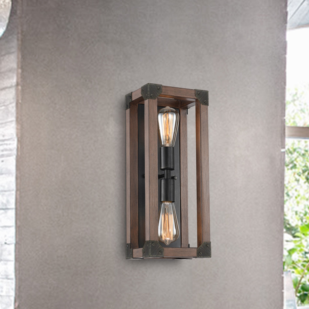 Wanda Wood 2-Light Cage Wall Sconce Antique Black Metal Finish