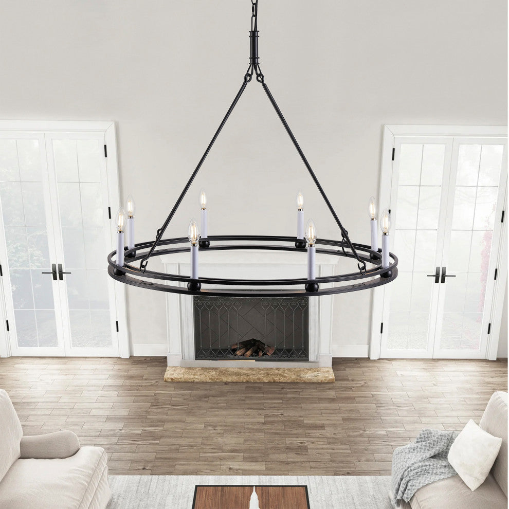Industrial Black 8-Light Large Round Candle Chandelier for Dining Room