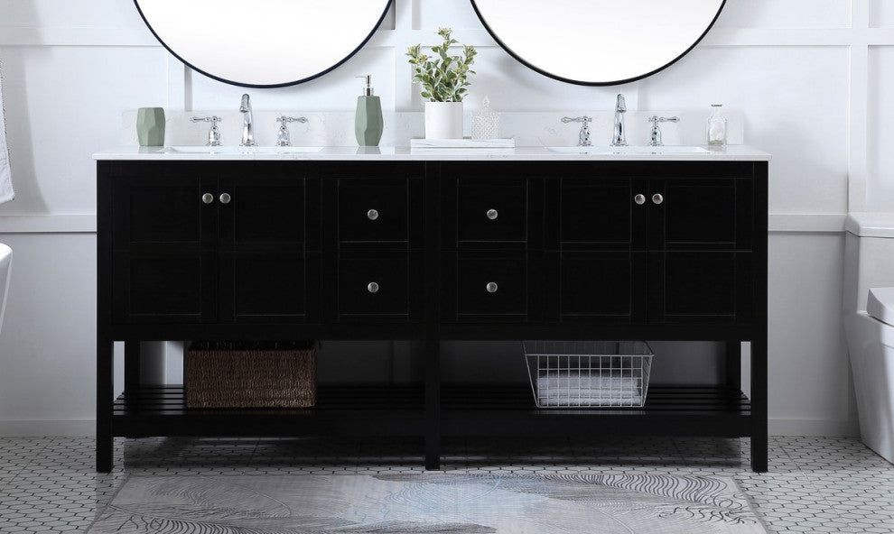 Elegant VF16472DBK-BS 72"Double Bathroom Vanity, Black With Backsplash