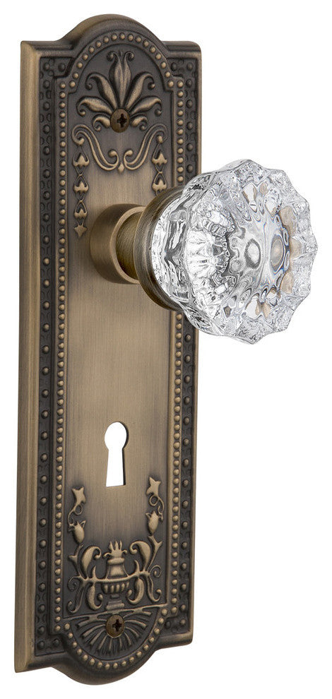Meadows Plate Interior Mortise Crystal Glass Door Knob, Antique Brass