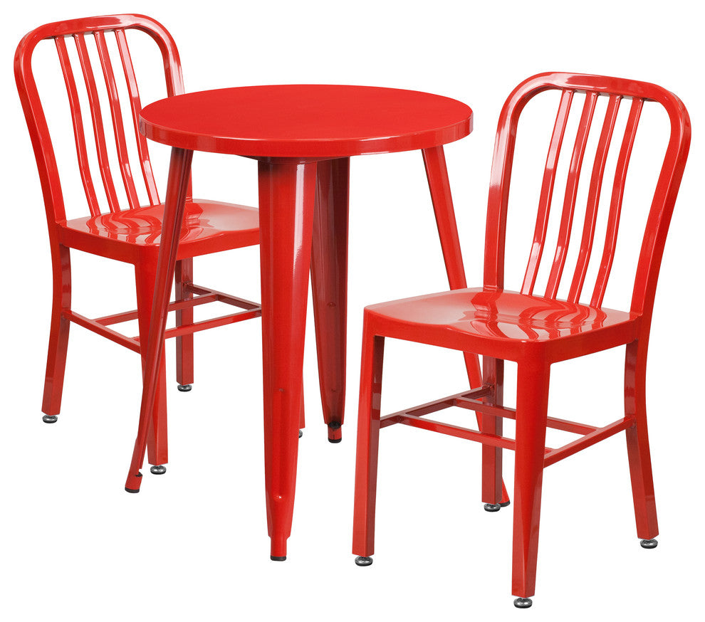 24" Round Red Metal 3-Piece Table Set With 2 Vertical Slat Back Chairs