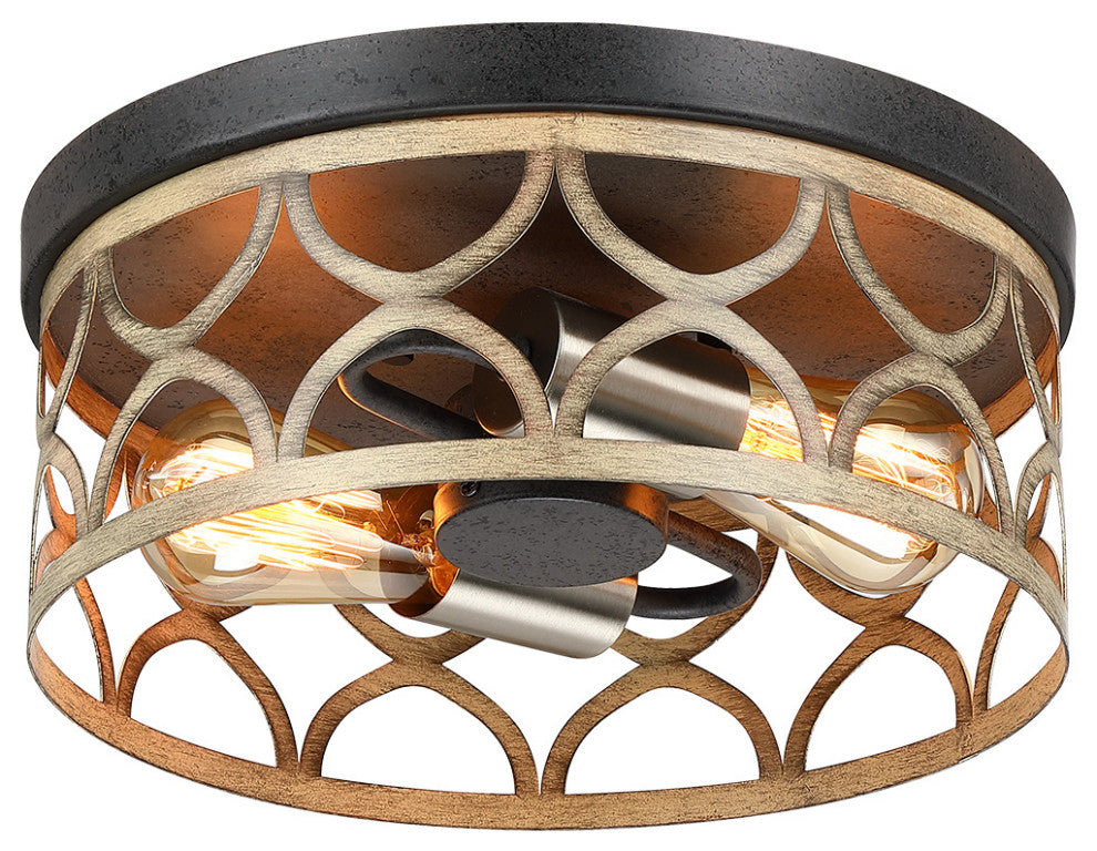 12" W 2-Light Bronze and Wood Tone Flush Mount Ceiling Light