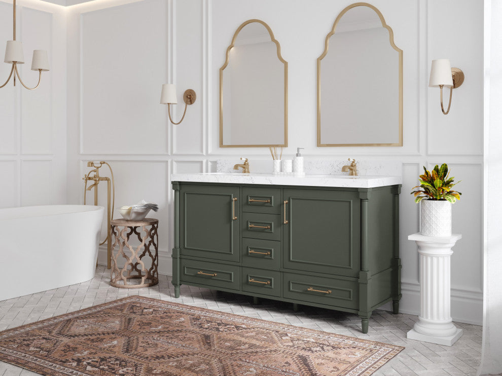 Aberdeen 60 Double Bathroom Vanity in Pewter Green 2" White Quartz