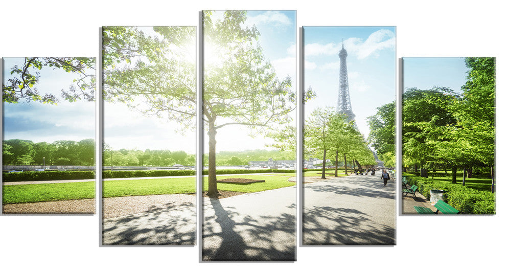 Paris Eiffel Towerat Sunny Morning, Landscape Canvas Print, 60"x32", 5 Panels