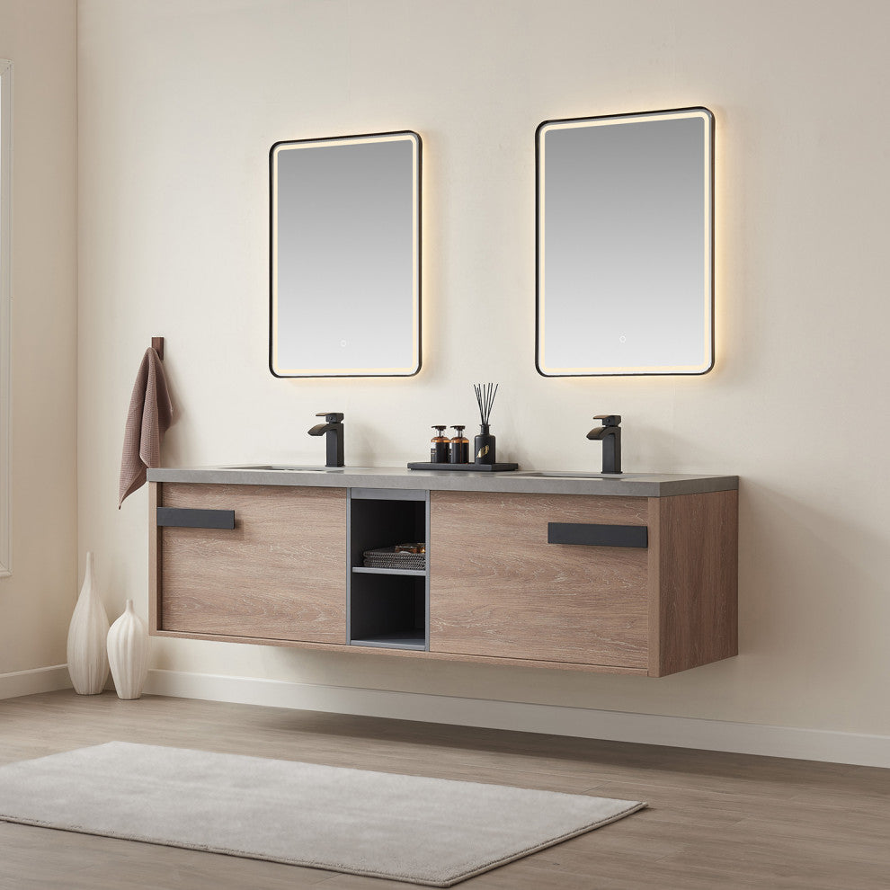 Carcastillo Bath Vanity, Oak With Sintered Stone Top, 72", With Mirror