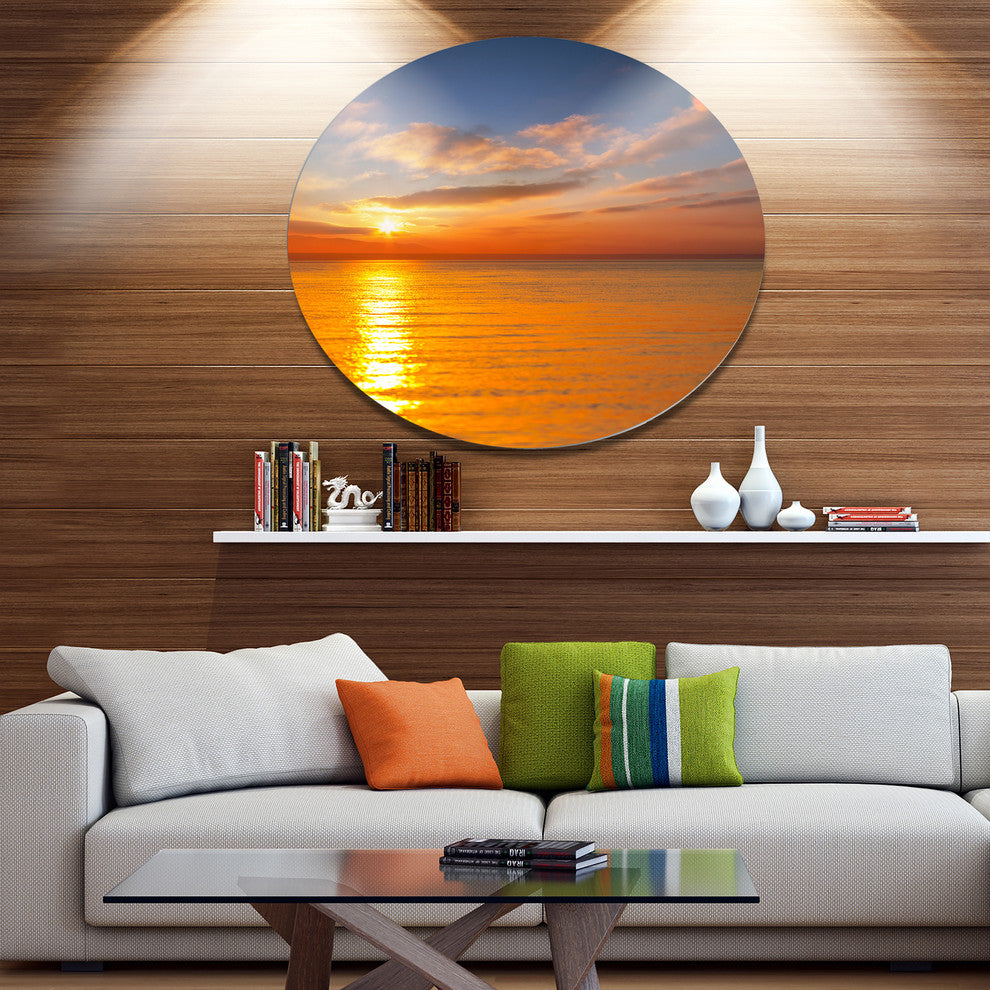 Beautiful Sunset Reflecting In Sea, Seashore Round Metal Wall Art, 11"