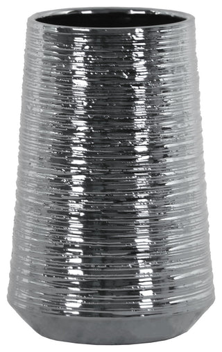 Ceramic Round Vase With Combed Design Body, Electroplated Silver, Medium