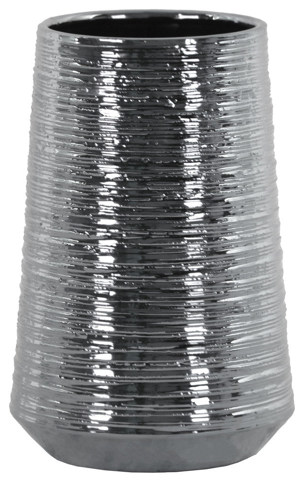 Ceramic Round Vase With Combed Design Body, Electroplated Silver, Medium