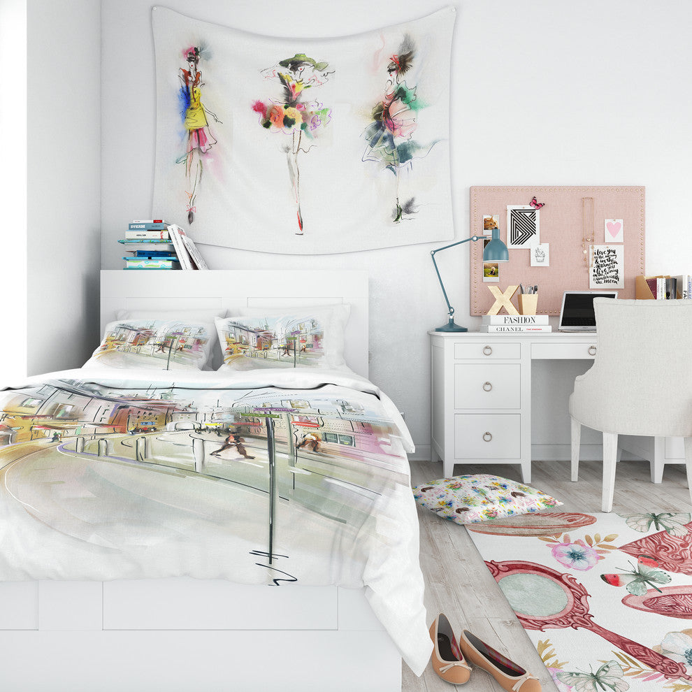 Colorful Illustration of City Cityscape Duvet Cover, Twin