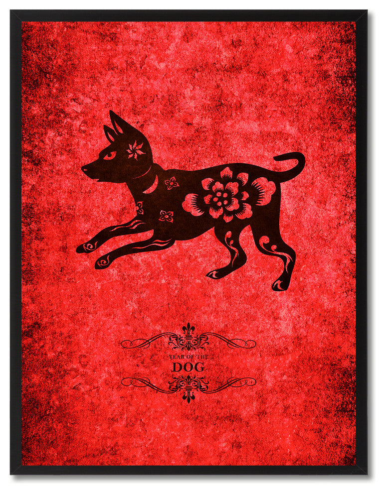 Dog Chinese Zodiac Red Print on Canvas with Picture Frame, 22"x29"