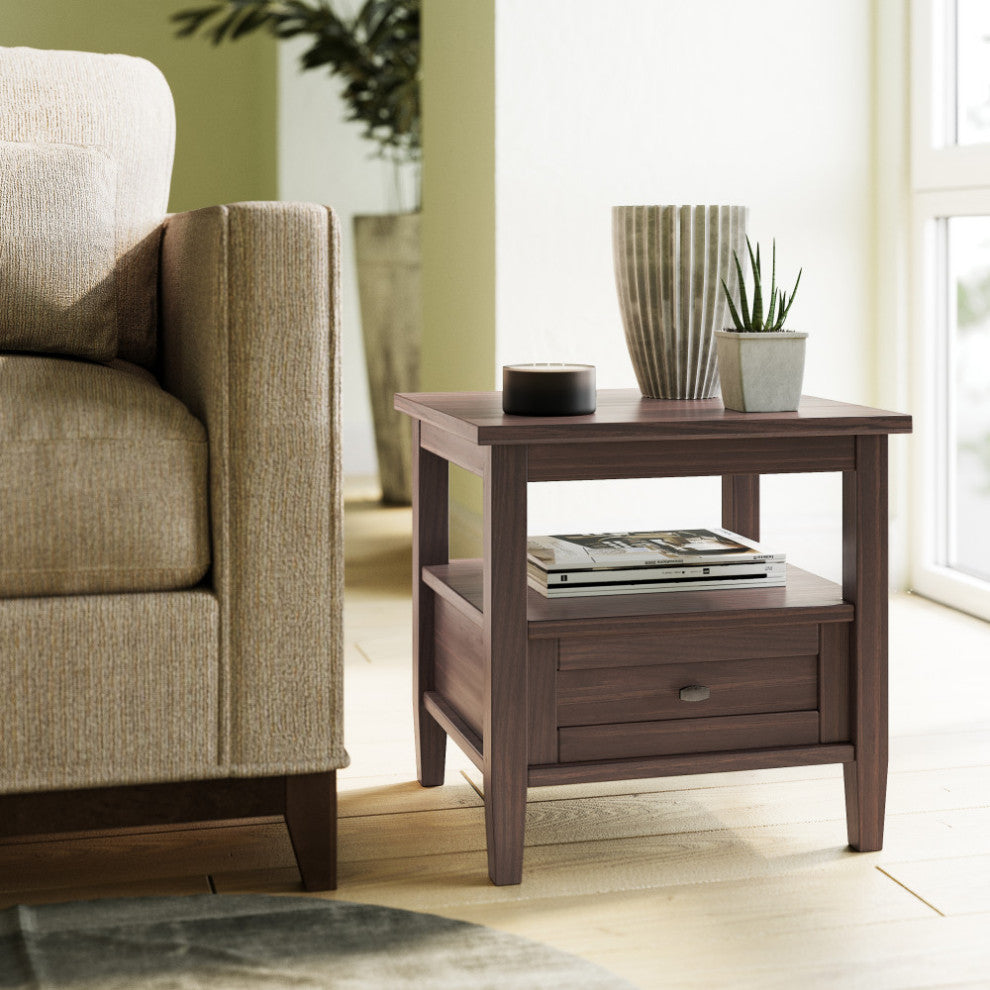 Warm Shaker Solid Wood 20" Rustic End Side Table, Warm Walnut Brown