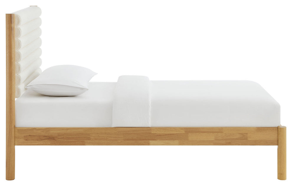 Olea Channel Tufted Boucle Solid Wood Twin Platform Bed, Feather Oak
