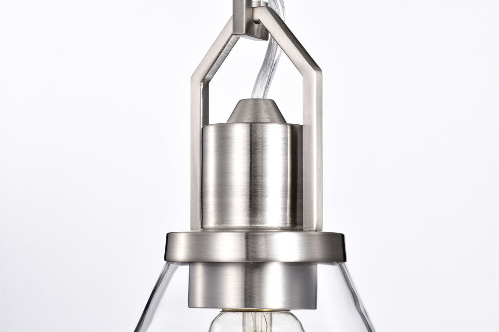 1-Light Brushed Nickel Mini Pendant With Clear Cone Glass Shade