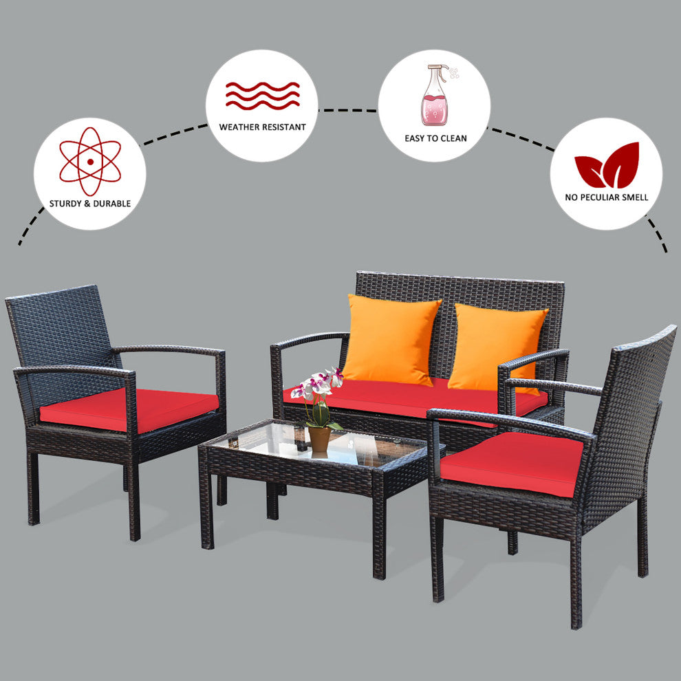 Costway 4PCS Patio Rattan Furniture Set Cushioned Loveseat Armrest Red