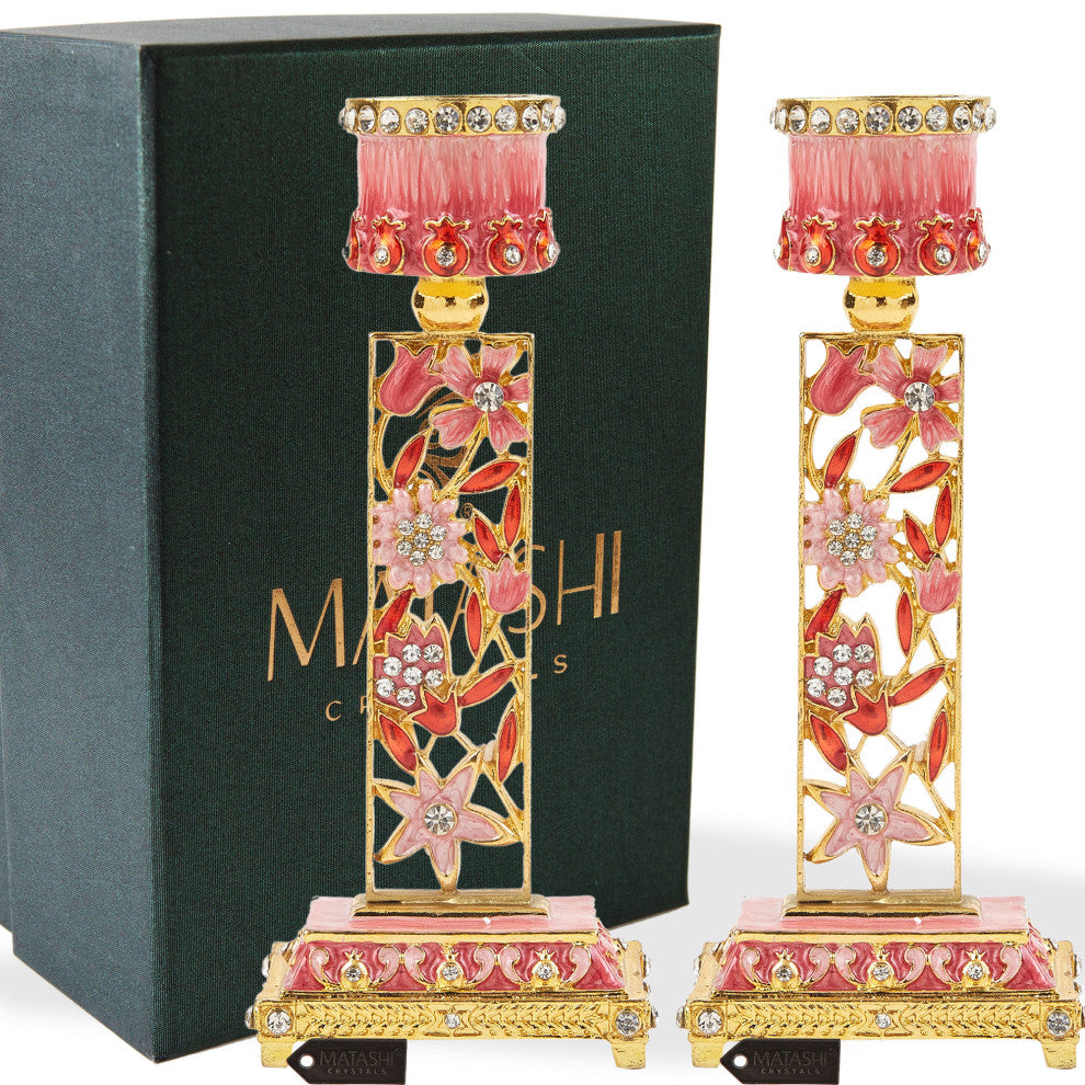 Matashi Shabbat Candlestick Holder (2-Piece Set) Hand-Painted,  Pewter (Red)