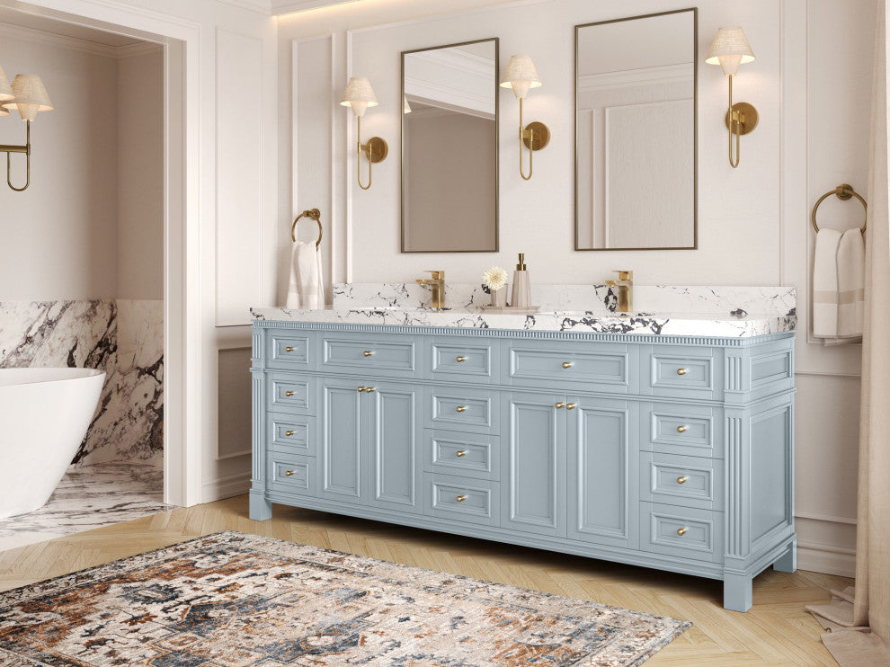 Paris 84" Double Sink Bathroom Vanity, Blue Heather 2" Pearl Gray