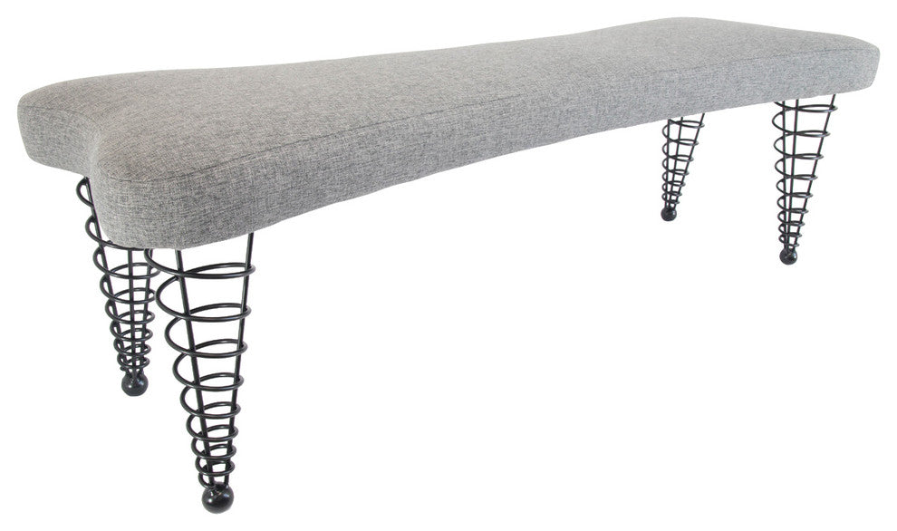 Modern Upholstered Bench from Spiral Cone Legs, Grey Tweed, 59-Inch