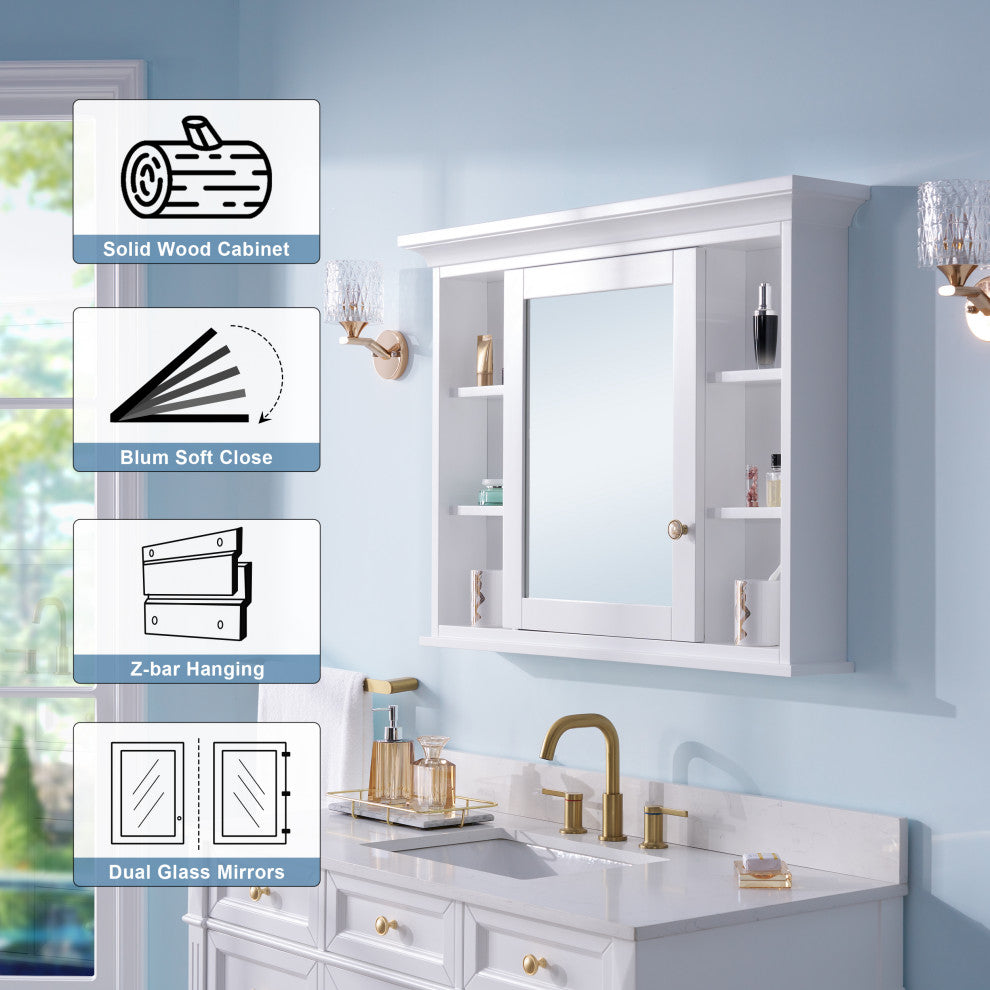 Handmade Solid Wood Medicine Cabinet with Ample Storage Space in White, 40"x30" Left Open Single Door