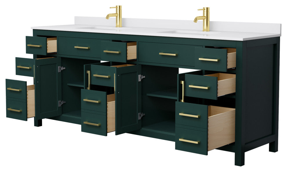 84"DBL Bathroom Vanity, Green, White Cult. Marble Countertop, Sinks, Gold Trim