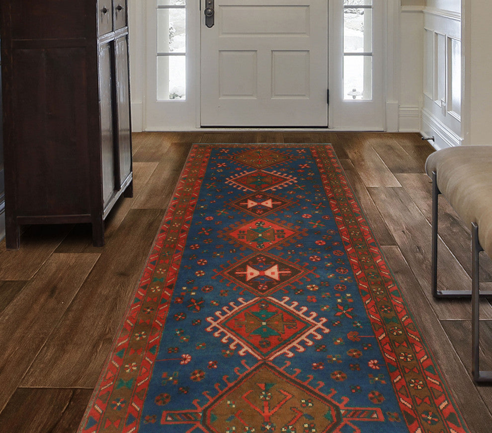 Fine Vintage Distressed Stephan Blue/Red Runner, 3'7x9'10