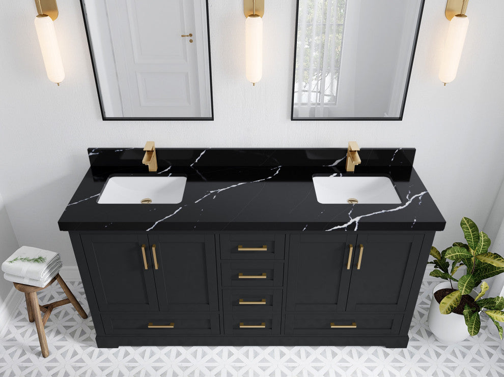 Boston 72" Double Sink Bath Vanity, Wrought Iron 2" Calacatta Black