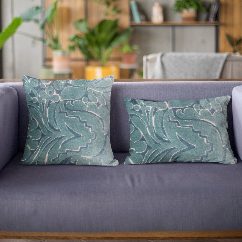 Plutus Blue Velvet Damask Luxury Throw Pillow, 16"x16"