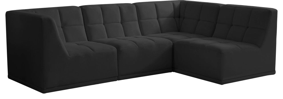Relax Velvet Upholstered 4-Piece L-Shaped Modular Sectional, Black