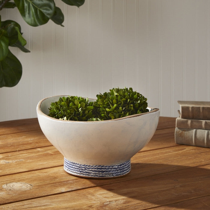 Coastal Blue White Rope Stripe Decorative Bowl Grecian Rustic Clay Ceramic