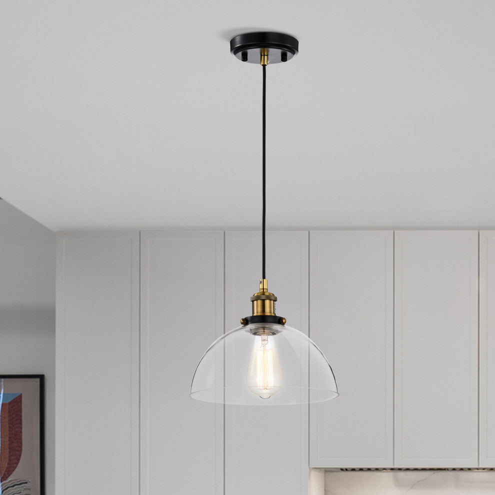 10 in. 1-Light Black and Antique Brass Pendant Light With Clear Dome Glass Shade
