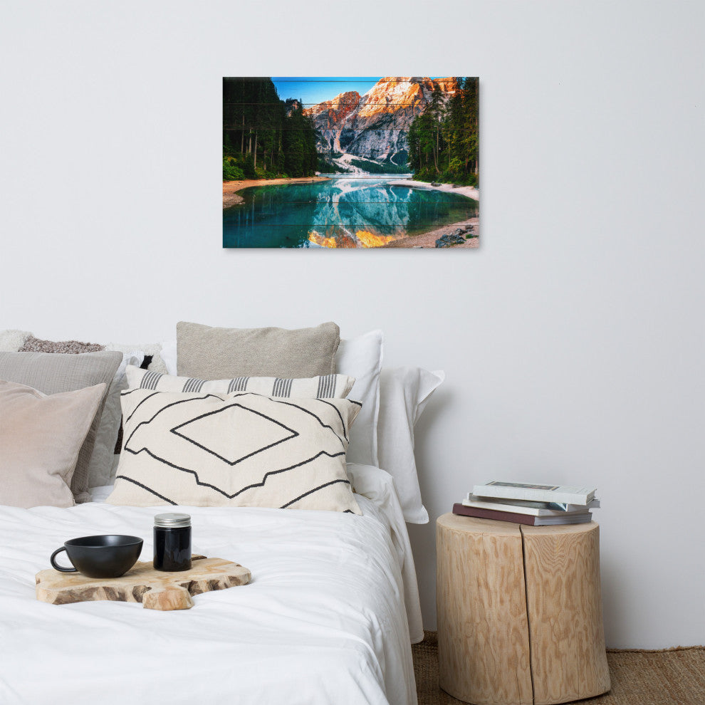 Faux Wood Misty Lake and Snow-cap Mountain Reflections Canvas Prints, 24" X 36"