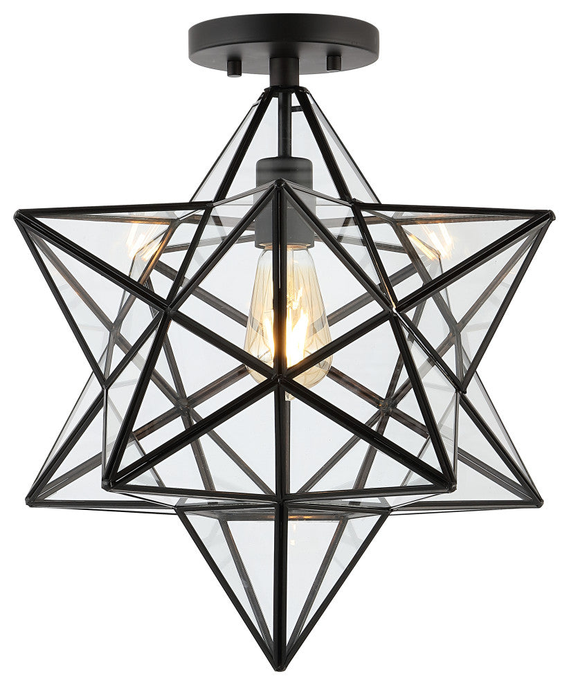 Ava 14.5" 1-Light Farmhouse Bohemian Iron/Glass LED Semi Flush Mount,Black/Clear