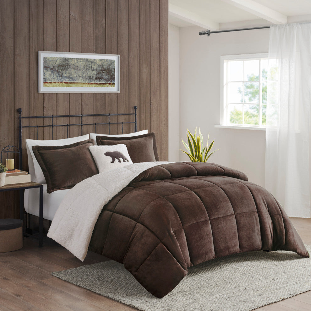 Woolrich Alton Plush to Sherpa Winter Comforter Set, Brown, King