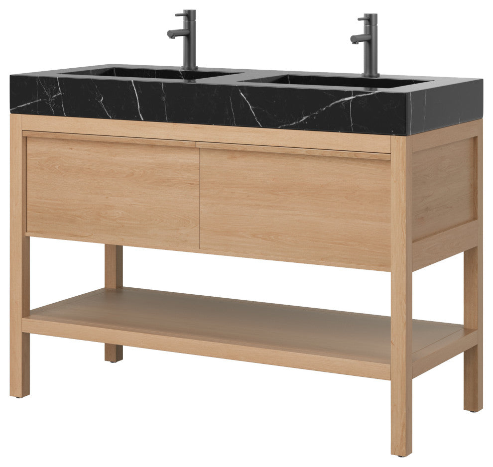 Shoji Bath Vanity, Whitewash Oak, 48", Double Sink, Freestanding