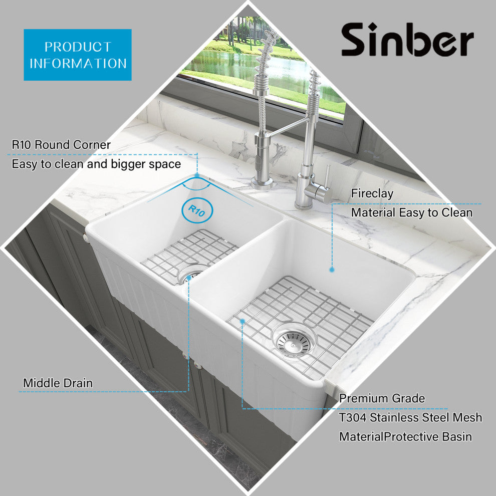 Sinber 33" Farmhouse Apron Double Bowl Kitchen Sink with Fireclay White