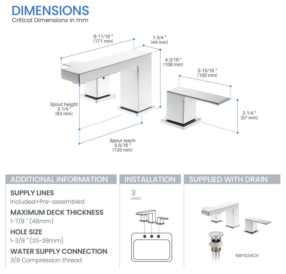 Cube 8" Widespread Bathroom Sink Faucet With Drain Assembly, Chrome