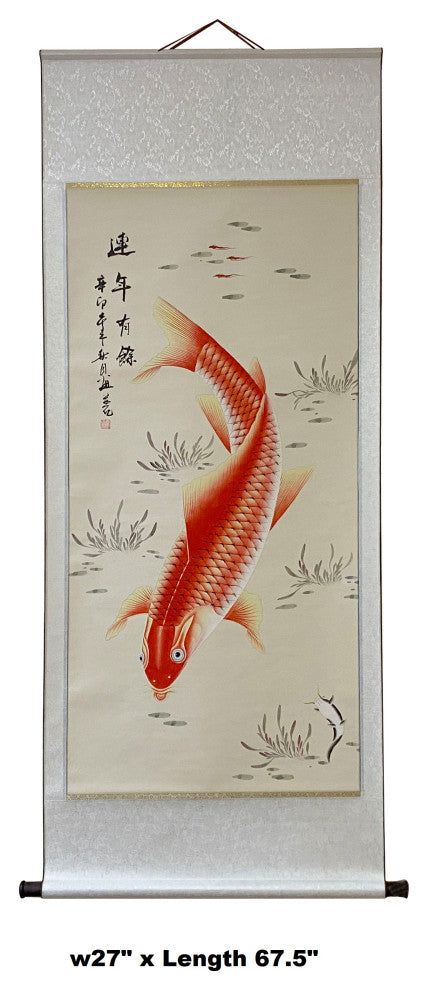 Chinese Fengshui Koi Fish Color Ink Scroll Painting Quality Wall Art Hws1887