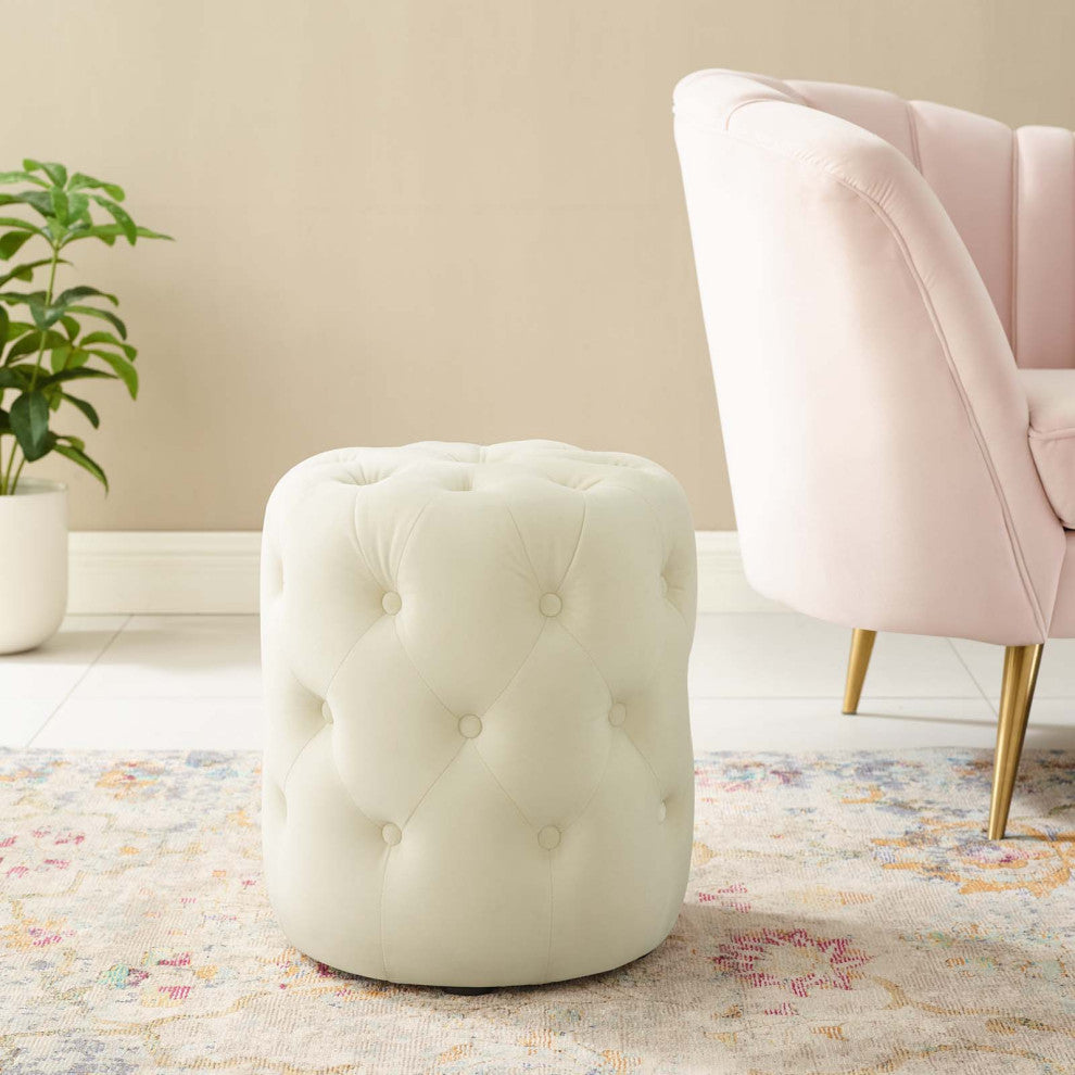 Tufted Accent Chair Ottoman, Round, Velvet, Ivory White, Modern, Lounge