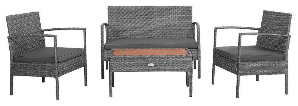 Costway 4PCS Patio Rattan Furniture Set Cushioned Chair Wooden Tabletop Gray