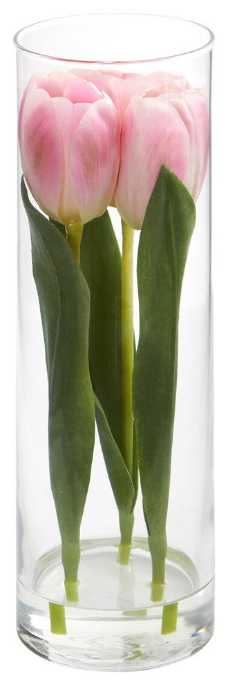 Nearly Natural Tulips Artificial Arrangement In Glass Vase, Pink