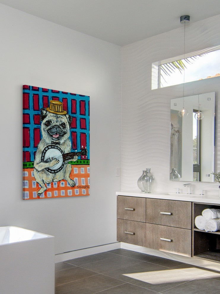 "Pug Banjo" Painting Print on Wrapped Canvas, 30"x45"