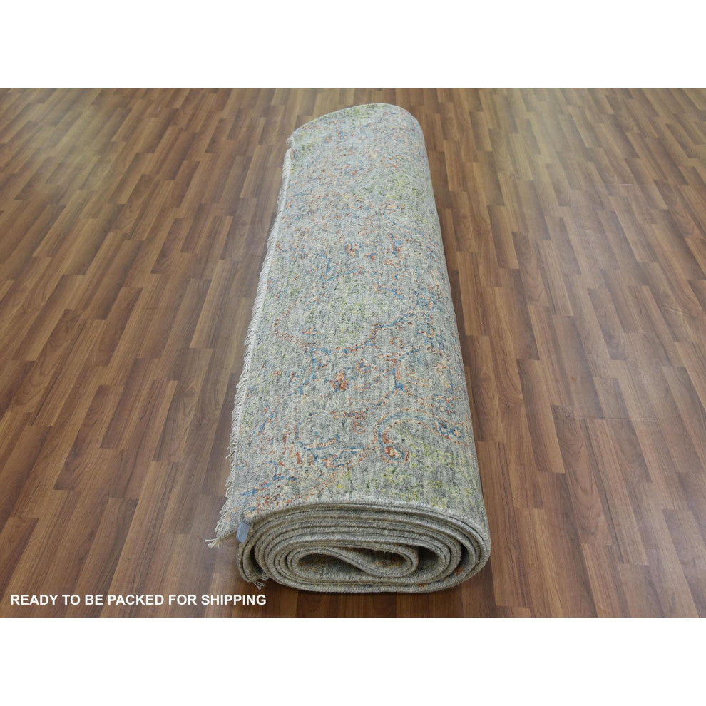 Green,Obscured and Subtle Collection,Hand Knotted, Oriental Rug, 12'x15'2"