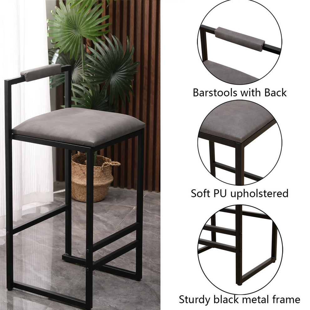 16.54" Gray Back Metal Barstools, Metal Legs & PU Upholstered, Set of 2
