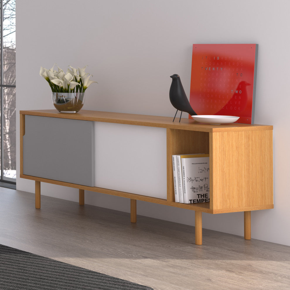 Modern Two Tone Wood Sideboard, Oak White/Grey, Oak Leg