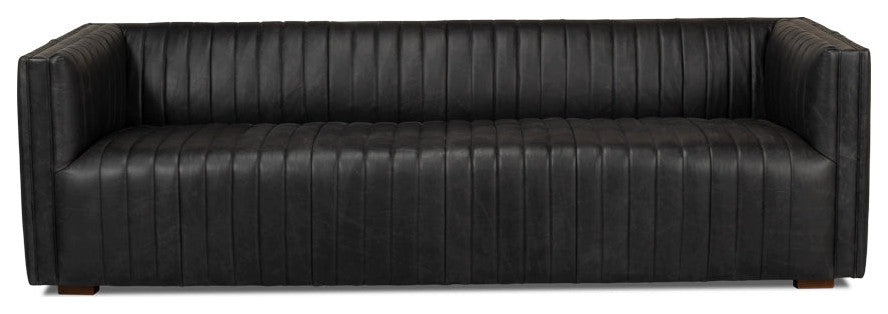 Everett Sofa Modern Channel Tufted Black Leather Couch