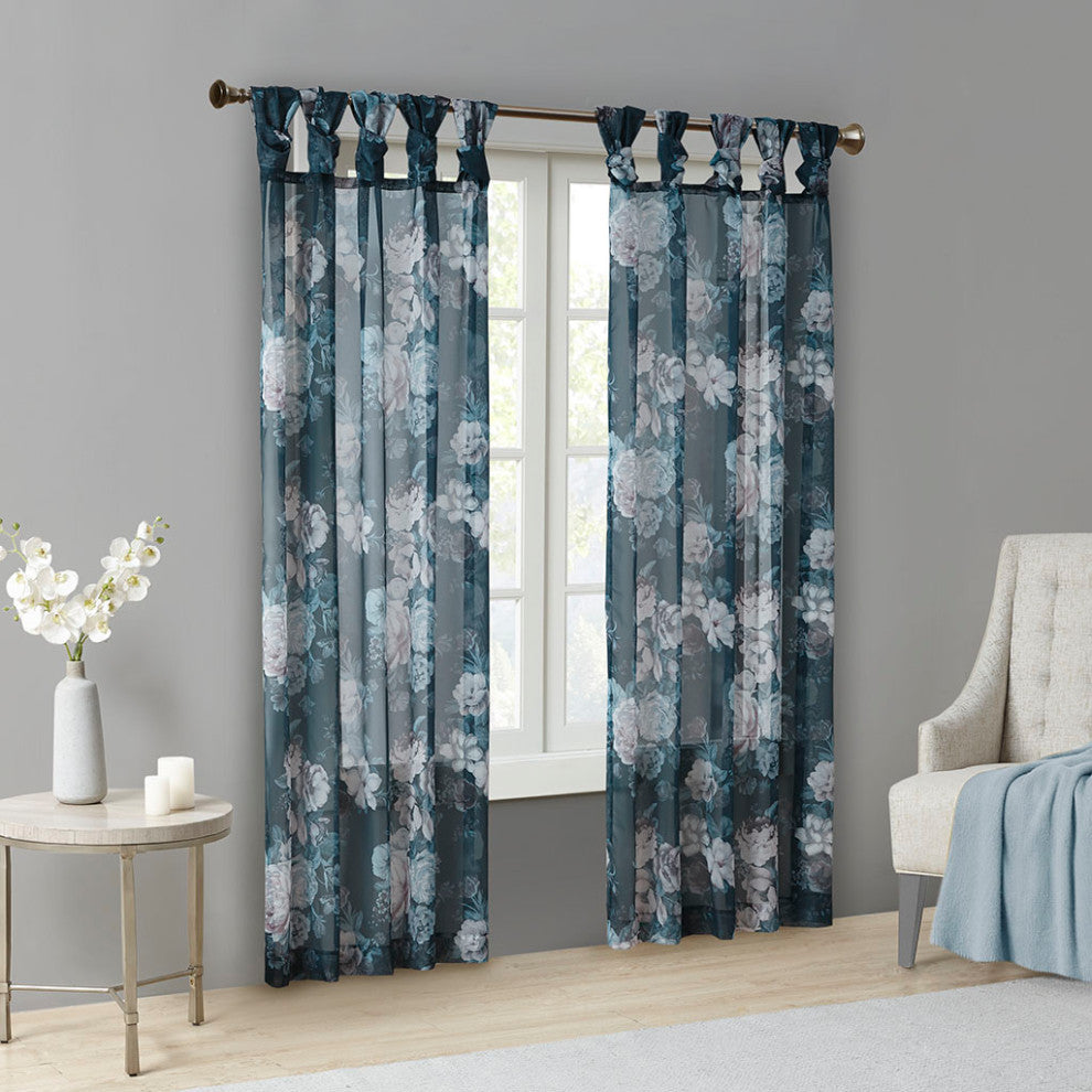 Madison Park Simone Printed Floral Twist Tab Top Voile Sheer Curtain, Navy
