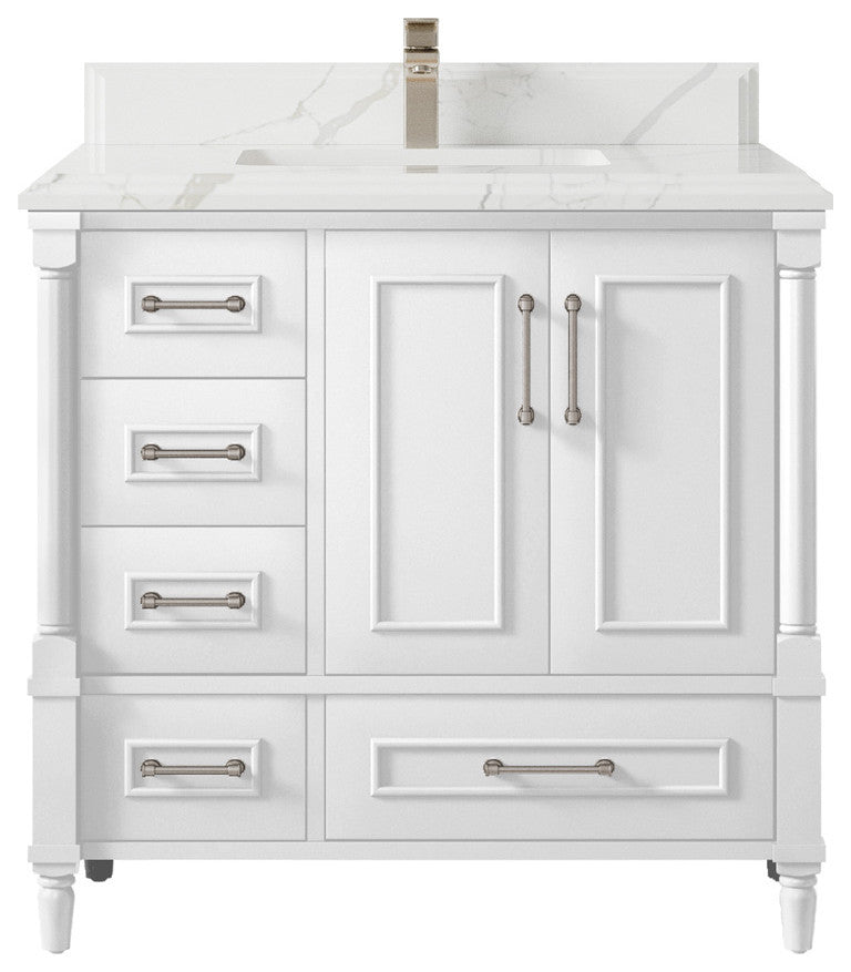Aberdeen 36 Center Sink Bath Vanity in White 1.5" Calacatta Laza
