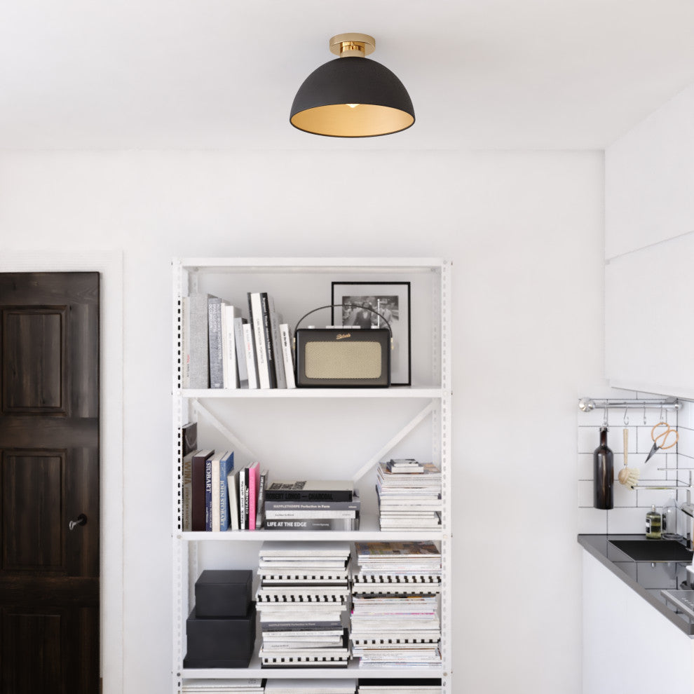Devon Mid-Century Modern Semi Flush Mount Ceiling Light, Matte Black and Satin Brass